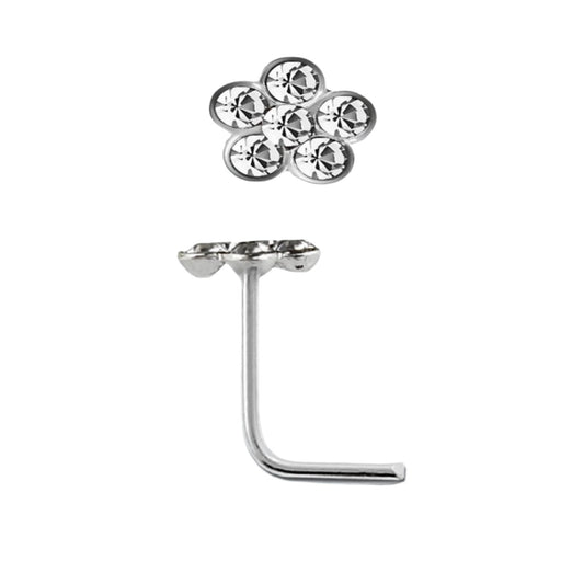 L-shaped nose stud with flower design top ( sterling silver )