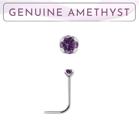 L-shaped nose stud with 2mm genuine amethyst ( sterling silver )