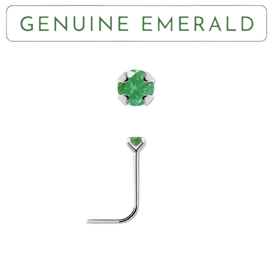 L-shaped nose stud with 2mm genuine emerald ( sterling silver )