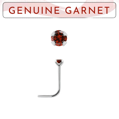 L-shaped nose stud with 2mm genuine garnet ( sterling silver )