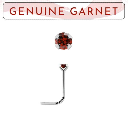 L-shaped nose stud with 2mm genuine garnet ( sterling silver )