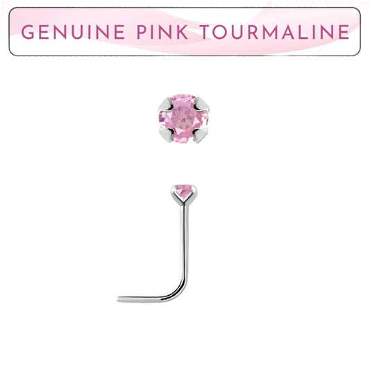 L-shaped nose stud with 2mm genuine pink tourmaline ( sterling silver )
