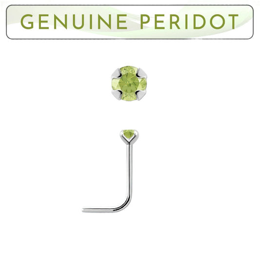 L-shaped nose stud with 2mm genuine peridot ( sterling silver )