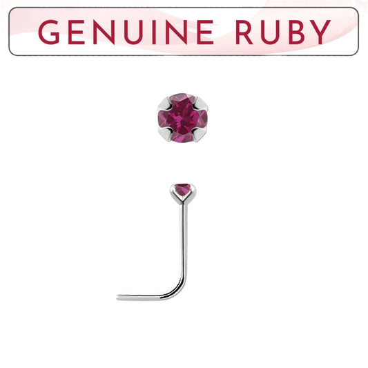 L-shaped nose stud with 2mm genuine ruby ( sterling silver )