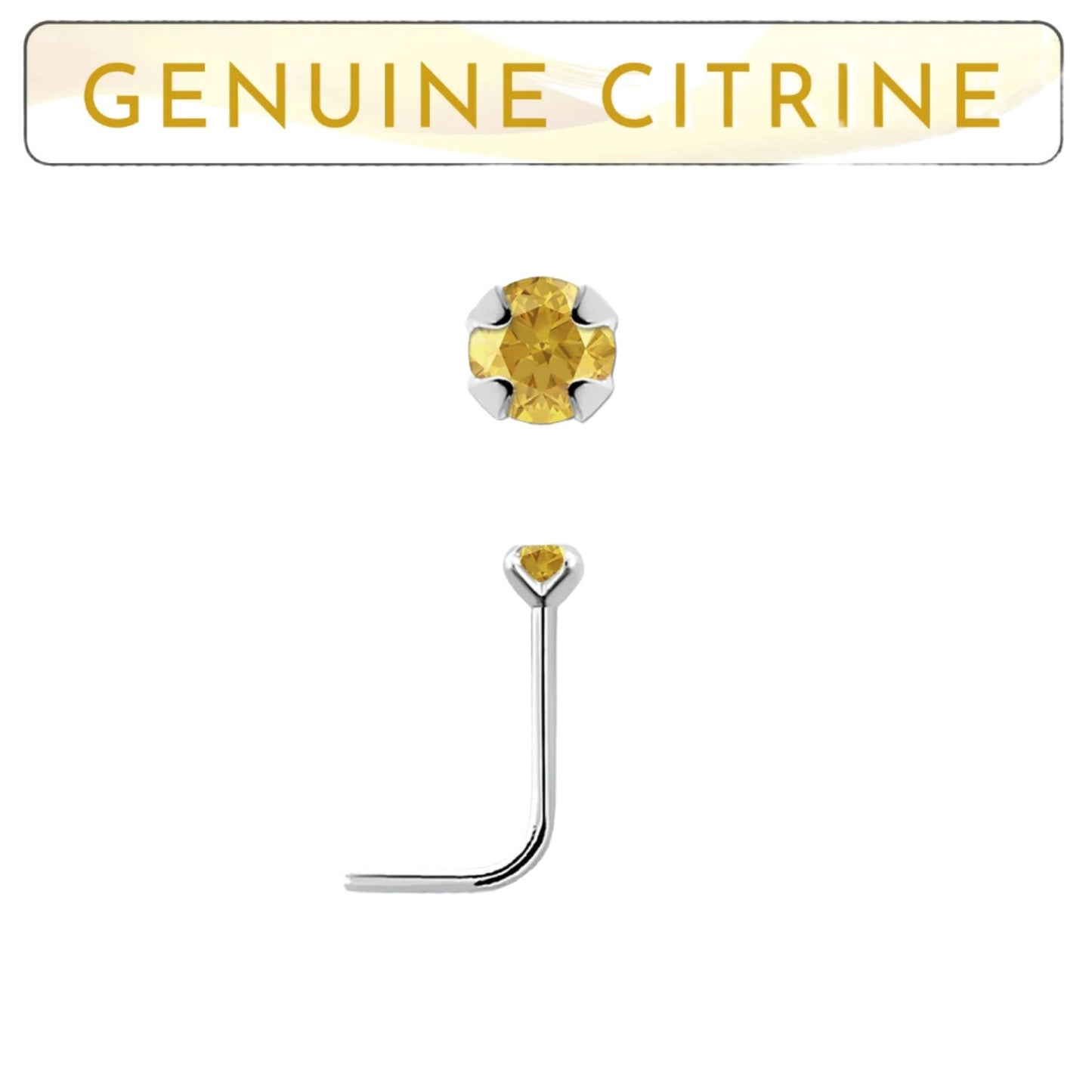 L-shaped nose stud with 2mm genuine citrine ( sterling silver )