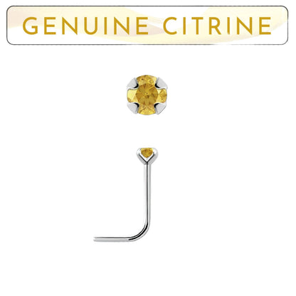 L-shaped nose stud with 2mm genuine citrine ( sterling silver )