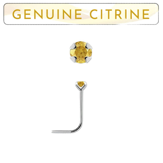 L-shaped nose stud with 2mm genuine citrine ( sterling silver )