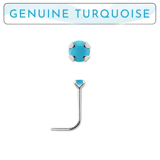 L-shaped nose stud with 2mm genuine turquoise ( sterling silver )