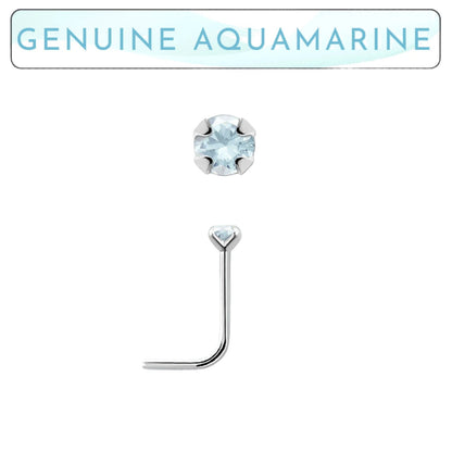 L-shaped nose stud with 2mm genuine aquamarine ( sterling silver )