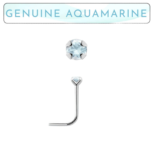 L-shaped nose stud with 2mm genuine aquamarine ( sterling silver )