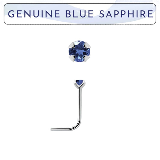 L-shaped nose stud with 2mm genuine blue sapphire ( sterling silver )