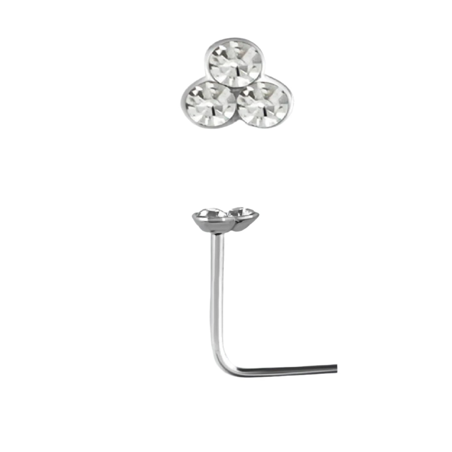 L-shaped nose stud with 3 round clear crystals top ( sterling silver )