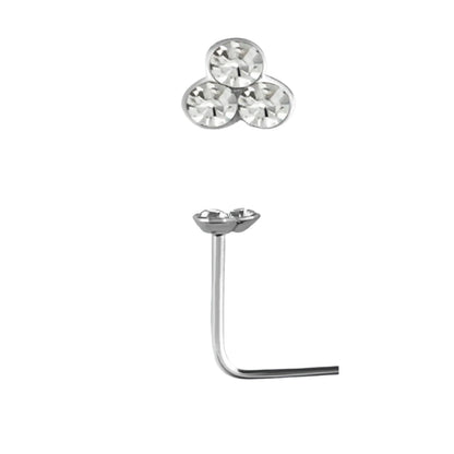 L-shaped nose stud with 3 round clear crystals top ( sterling silver )