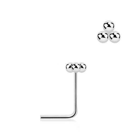 L-shaped nose stud with triple beads design top ( sterling silver )