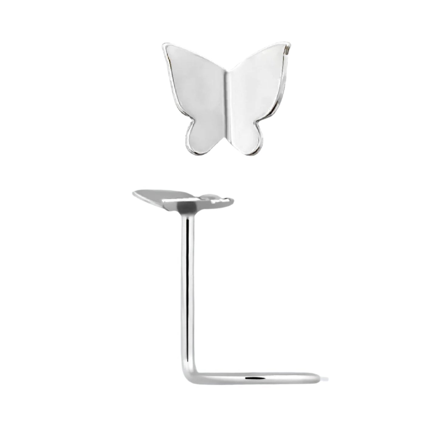 L-shaped nose stud with butterfly shaped top ( sterling silver )