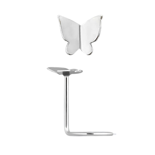 L-shaped nose stud with butterfly shaped top ( sterling silver )
