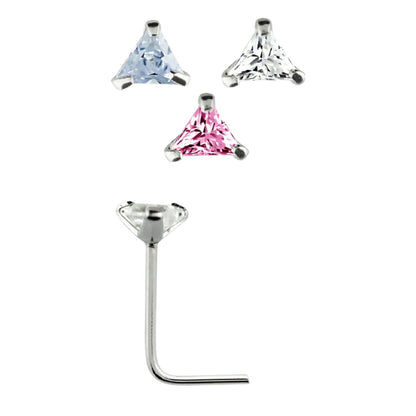 L-shaped nose stud with 3mm triangle shaped Cubic Zirconia ( sterling silver )