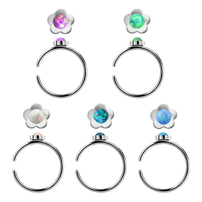 Continuous Ring with flower shaped top and synthetic opal ( surgical steel  )