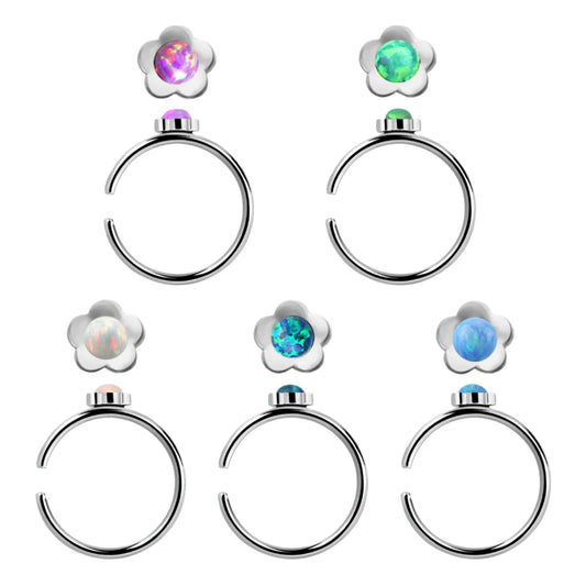 Continuous Ring with flower shaped top and synthetic opal ( surgical steel  )
