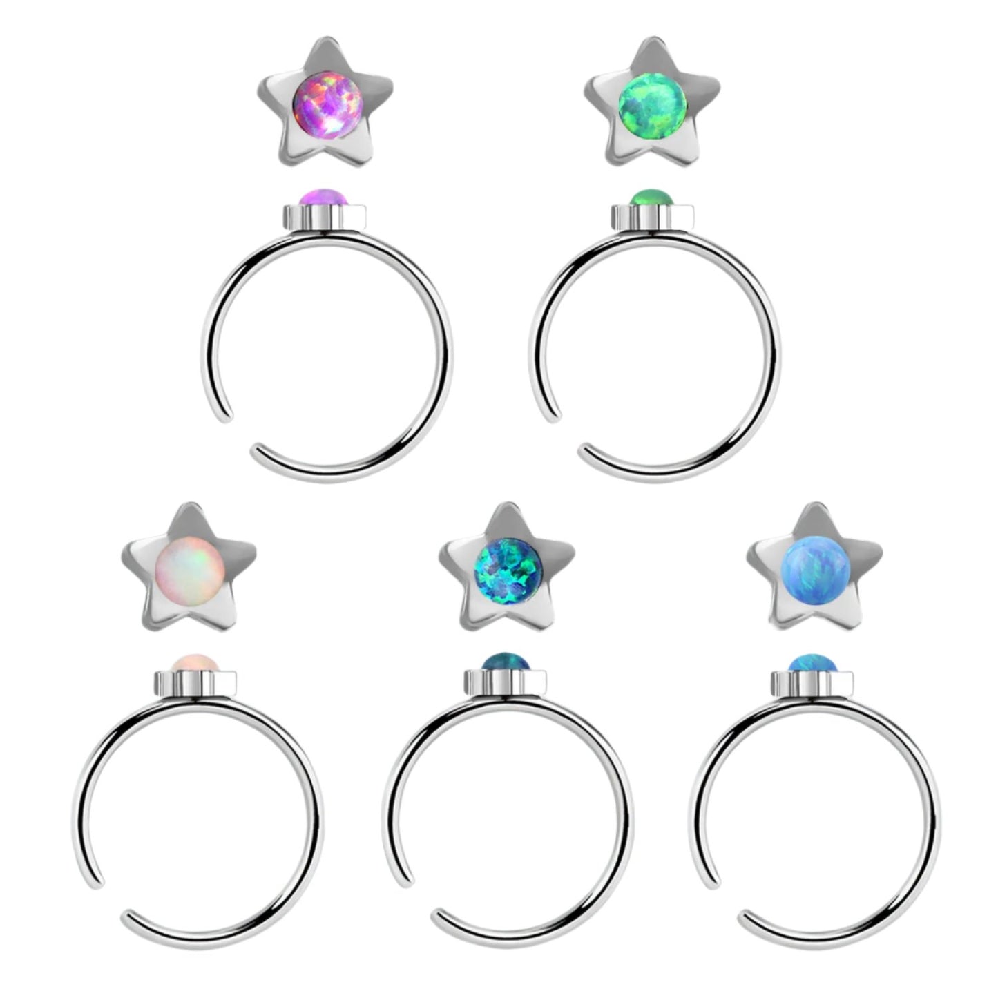 Continuous Ring with star shaped top and synthetic opal ( surgical steel  )