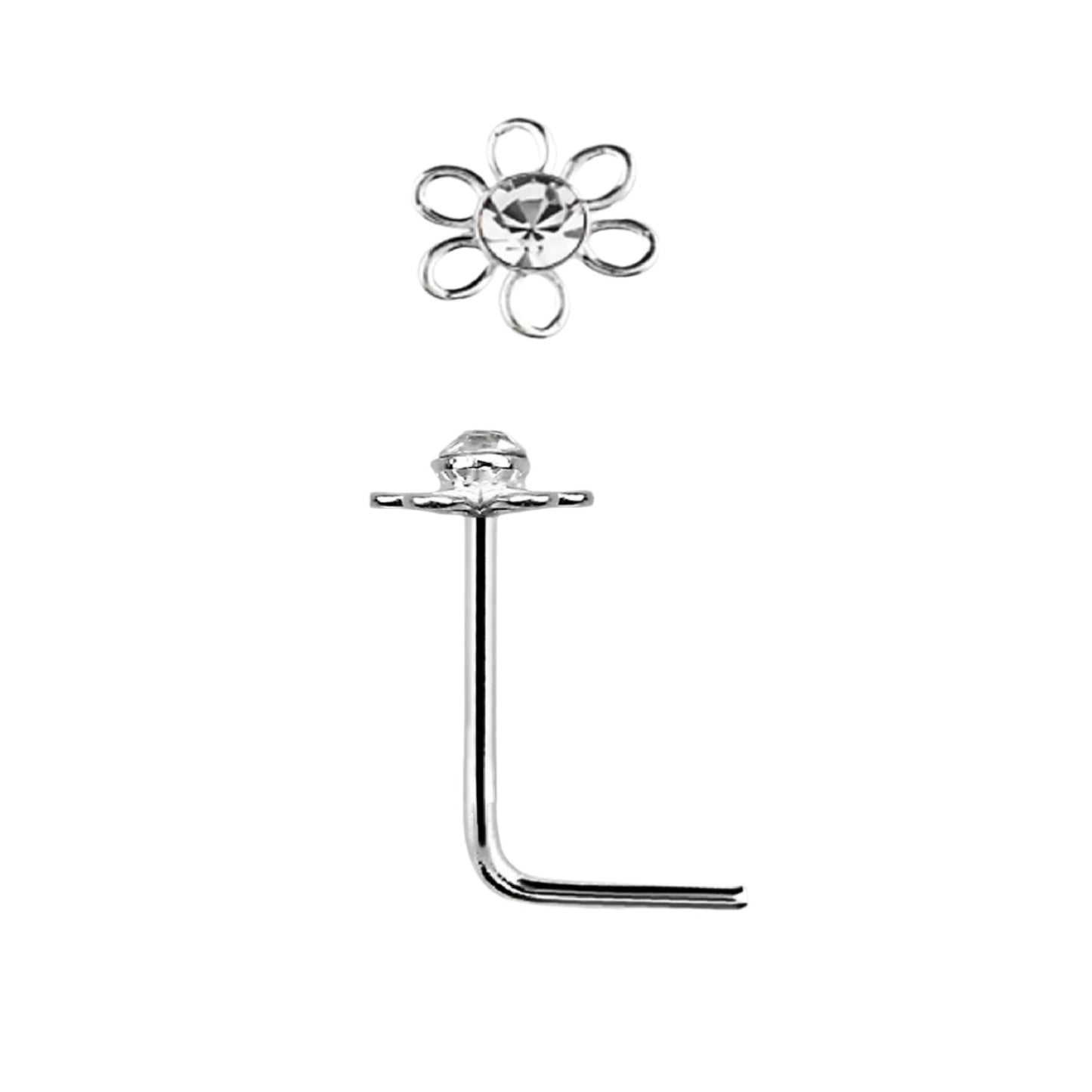 L-shaped nose stud with  flower shaped top ( sterling silver )