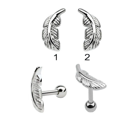 Tragus Piercing barbell with feather shaped top and a 3mm steel ball ( 316L surgical steel )