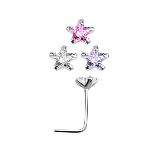 L-shaped nose stud with 3mm star cz ( sterling silver )